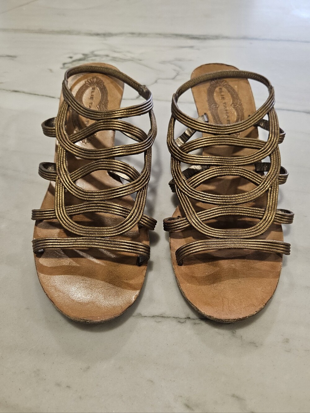 Elie Tahari Metallic Bronze Leather Caged Wedge Sandals Size EU 39.5